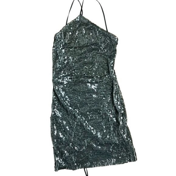 Zara Dress L Gray Silver Sequin Mini Open Back Halter Sexy Club Party 1131/813 - Picture 2 of 13